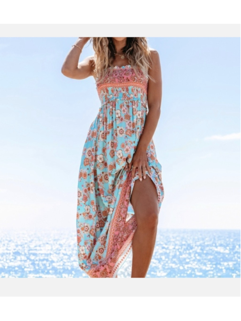 Cupsge Floral Maxi Dress Size L Blue And Pink Beach Bunny Resortcore Vacation